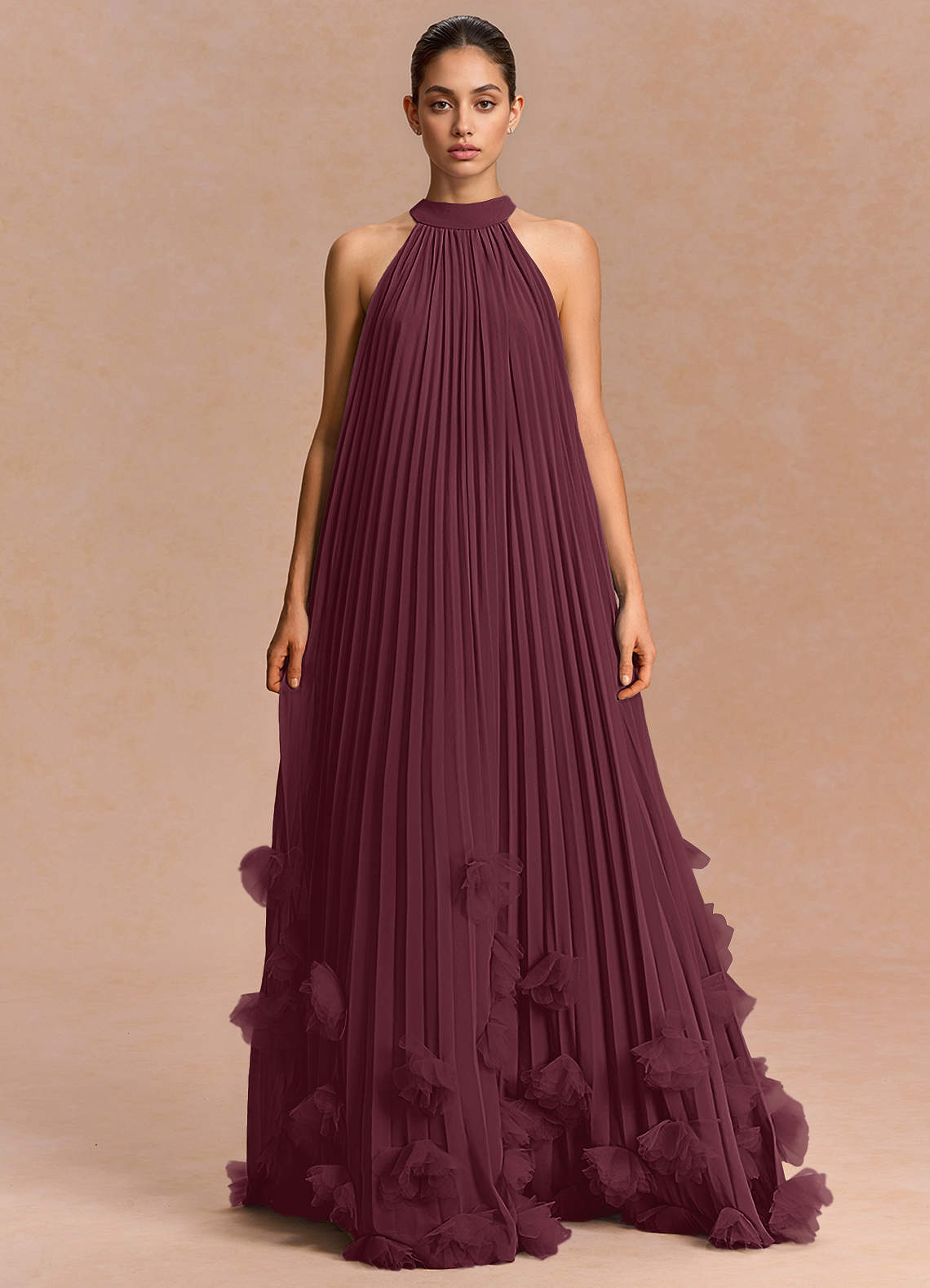 Lucette A-Line Halter Chiffon Evening Dress in Wine