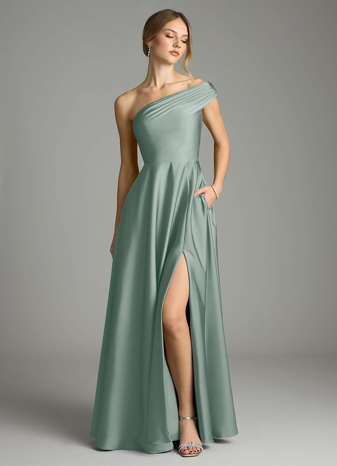 Melanie A-Line One-Shoulder Stretch Satin Bridesmaid Dress in Silver Sage