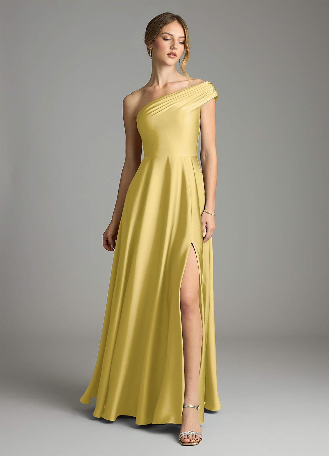 Melanie A-Line One-Shoulder Stretch Satin Bridesmaid Dress in Canary