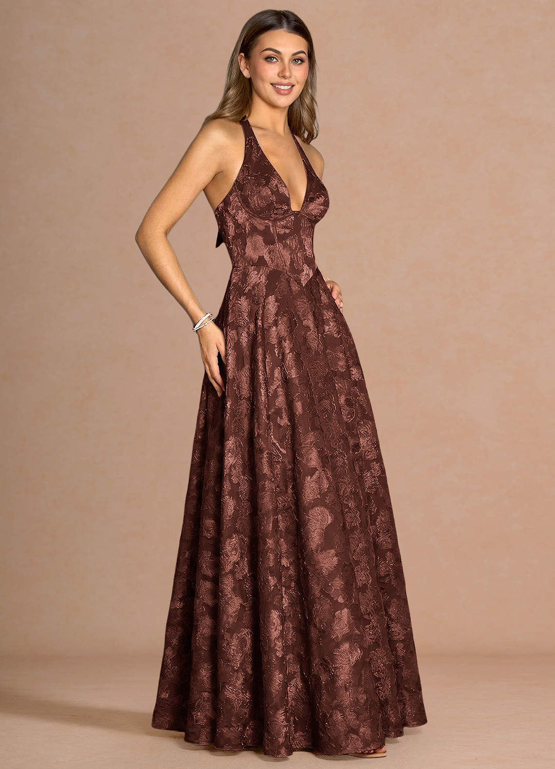 Isabeau A-Line V-Neck Fil Coupé Evening Dress in Mocha Coco