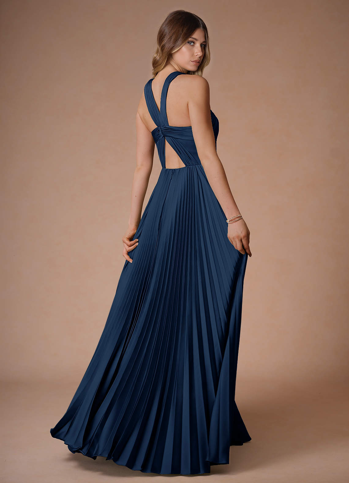 Afra A-Line Pleated Stretch Satin Wedding Guest Dress in Navy