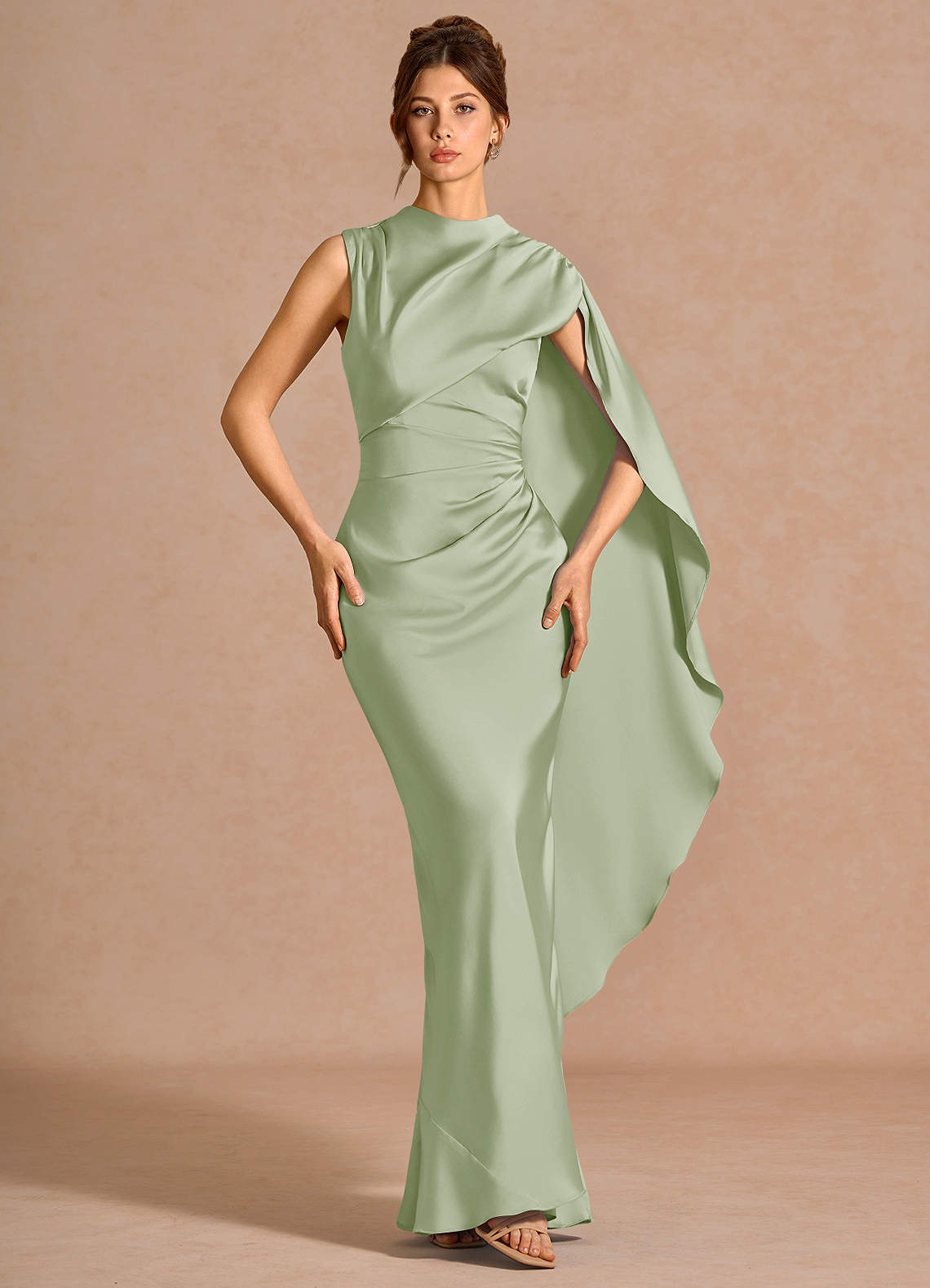 Chesney Cape-Sleeve Pleated Stretch Satin Wedding Guest Dress in Light Green