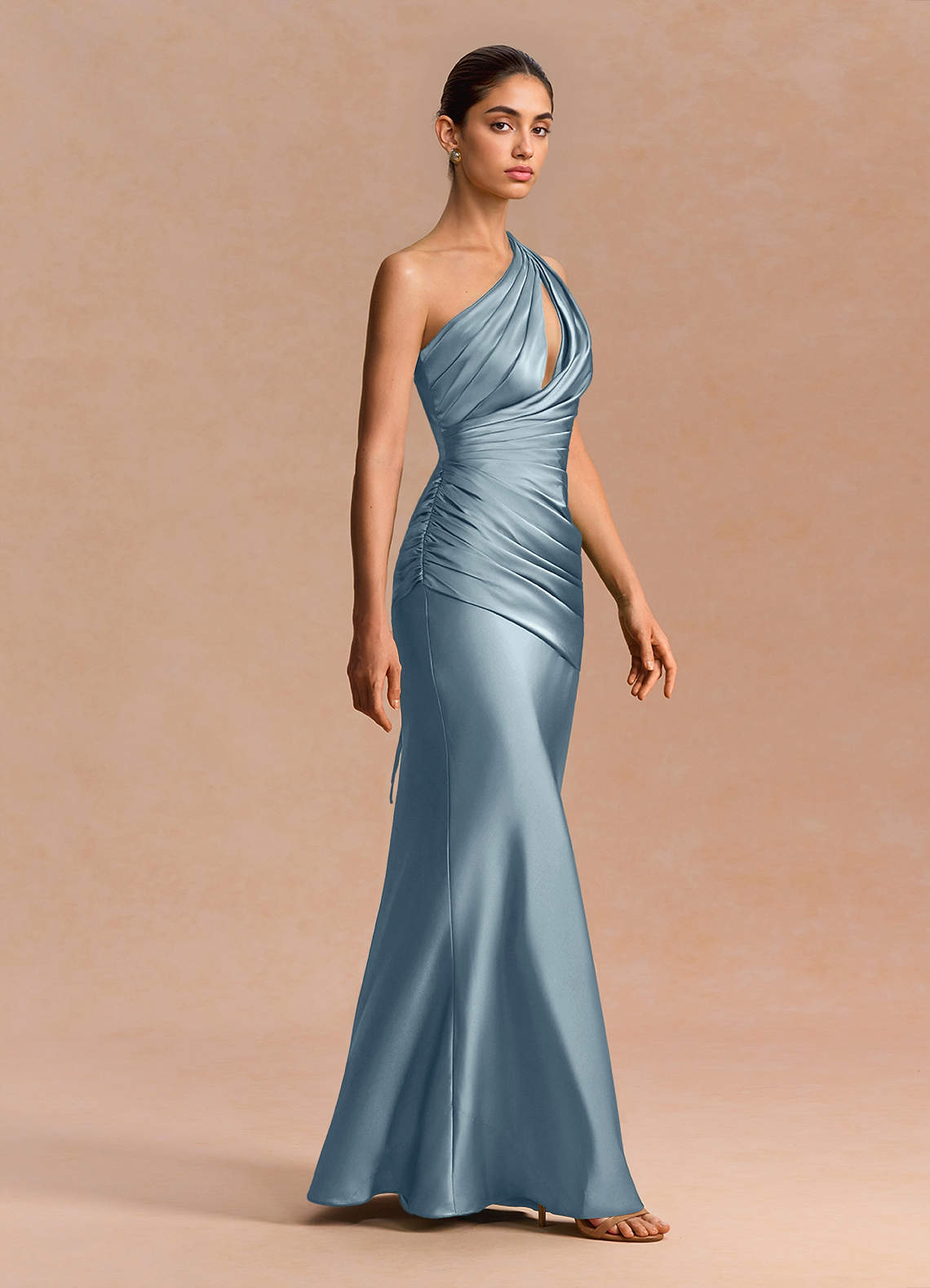 Guinevere One-Shoulder Cutout Stretch Satin Evening Dress in Dusty Blue