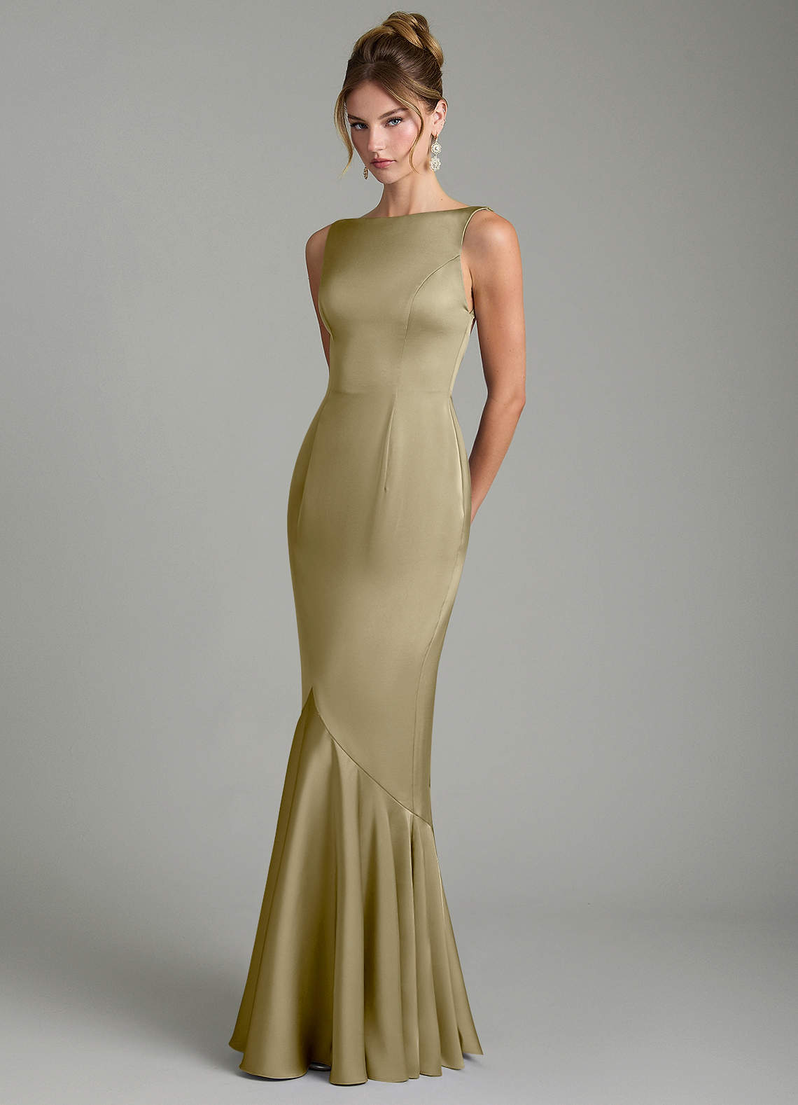 Tamera Mermaid Boat-Neck Stretch Satin and Chiffon Bridesmaid Dress in Moss Green