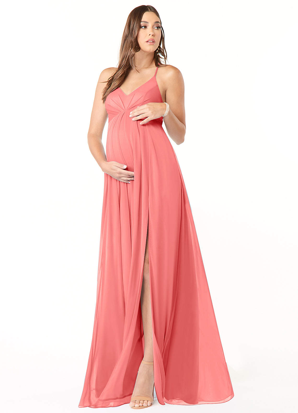 Annabelle A-Line V-Neck Mesh Bridesmaid Dress in Coral