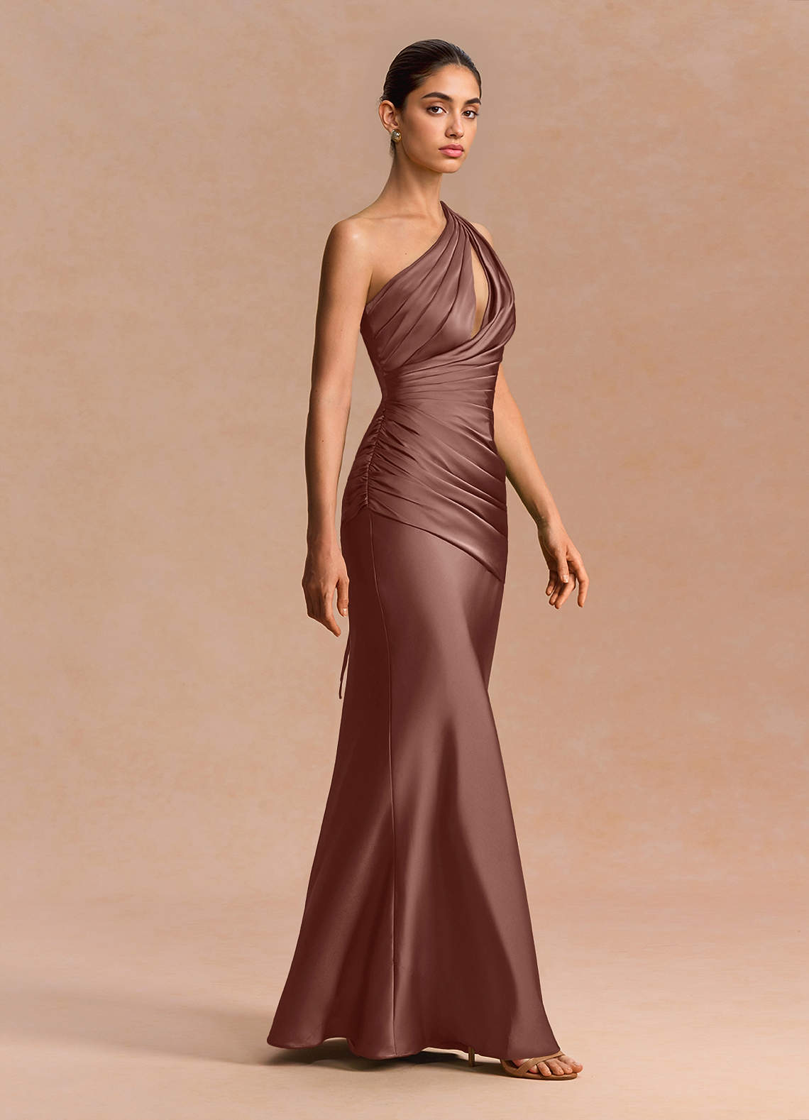 Guinevere One-Shoulder Cutout Stretch Satin Evening Dress in Mocha Coco