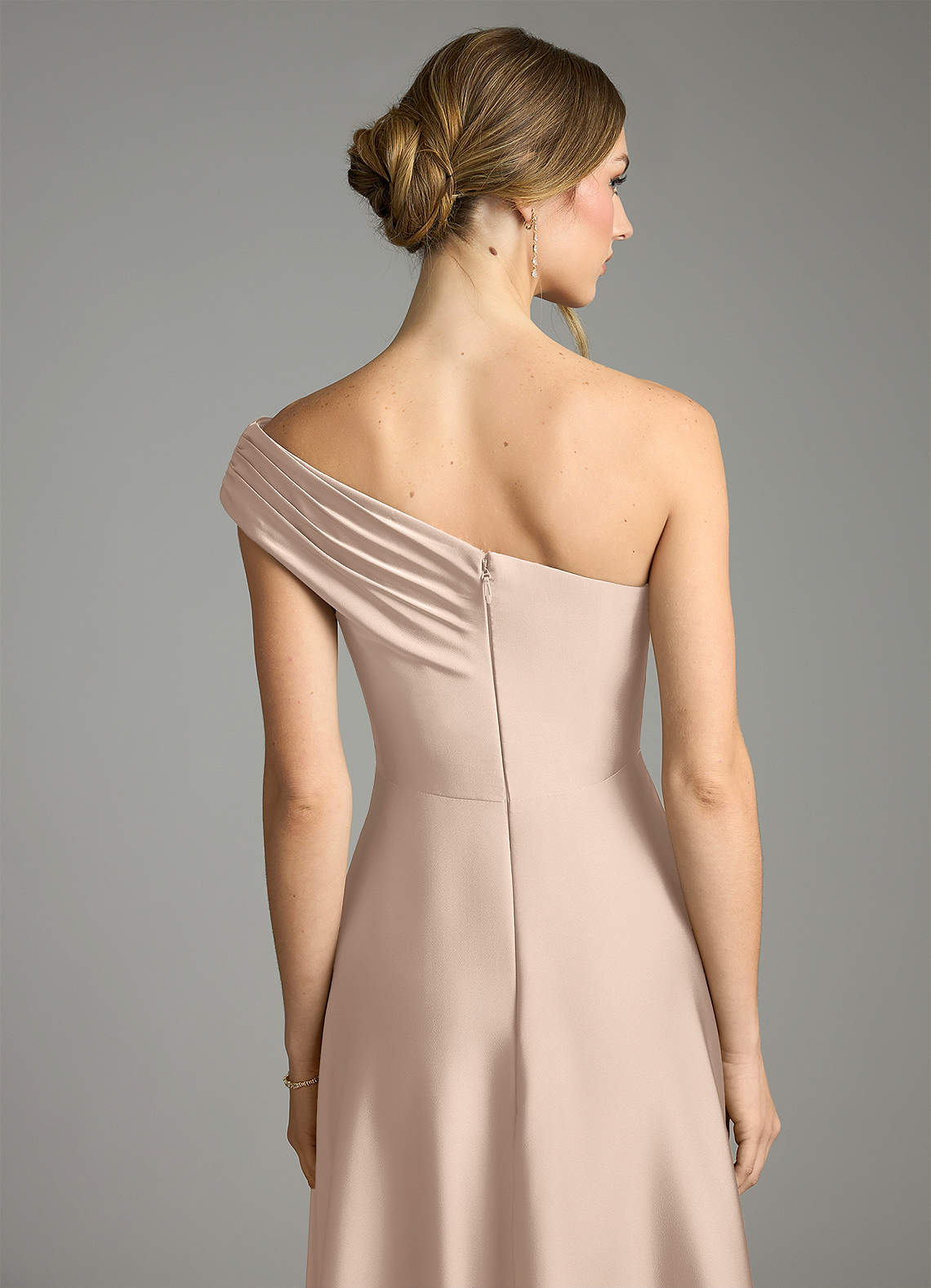 Melanie A-Line One-Shoulder Stretch Satin Bridesmaid Dress in English Rose