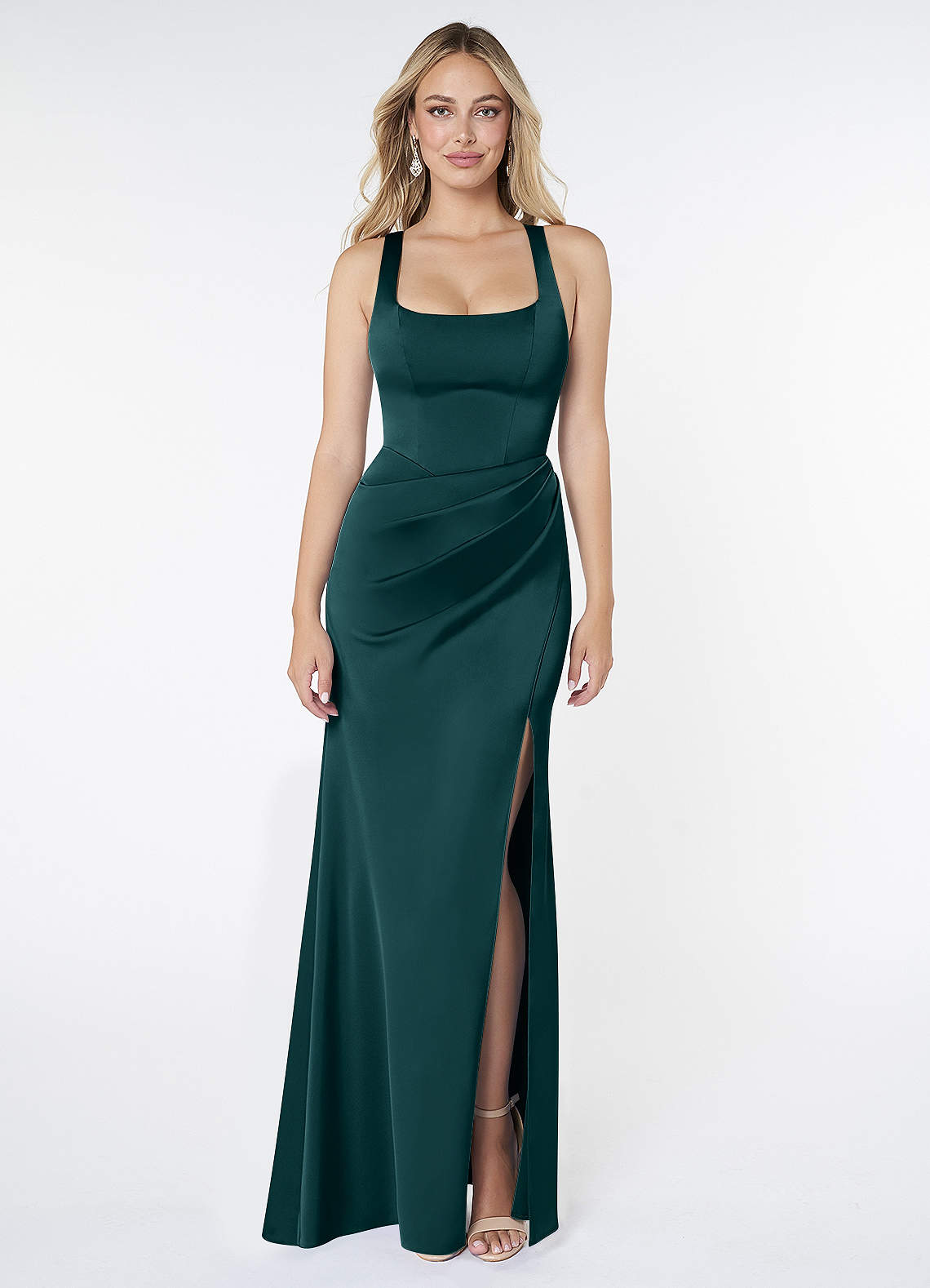 Mero Mermaid Square-Neck Stretch Satin Bridesmaid Dress in Pine