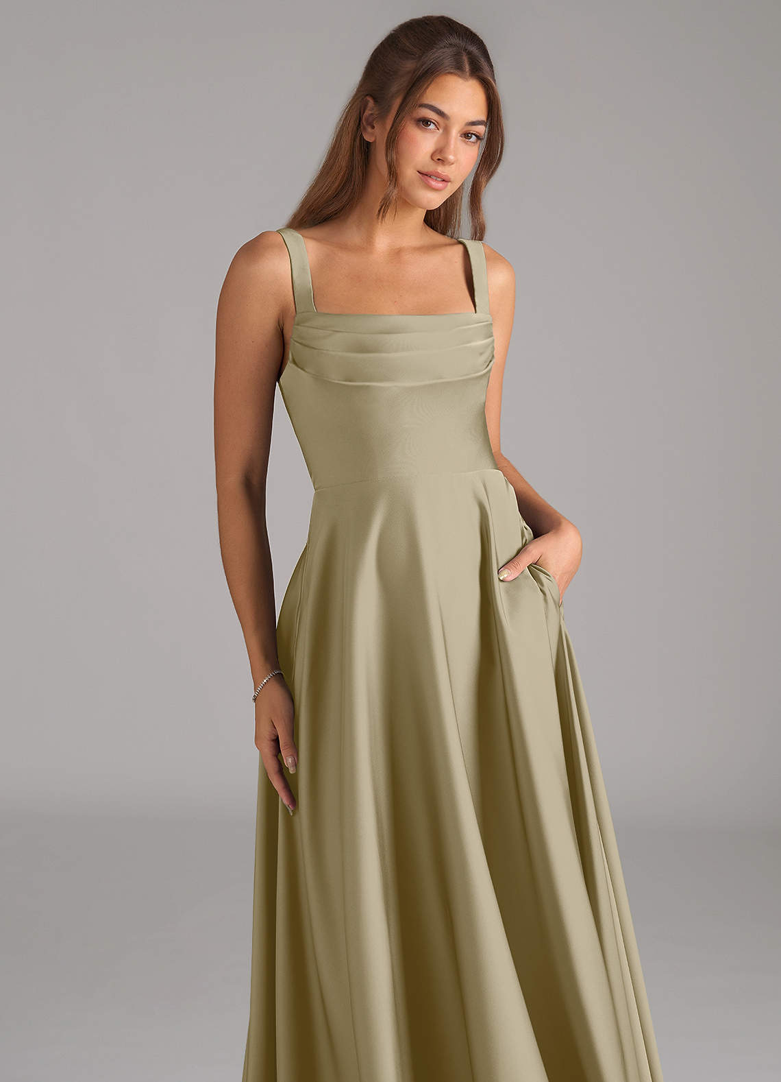 Shaude A-Line Square-Neck Stretch Satin Bridesmaid Dress in Moss Green