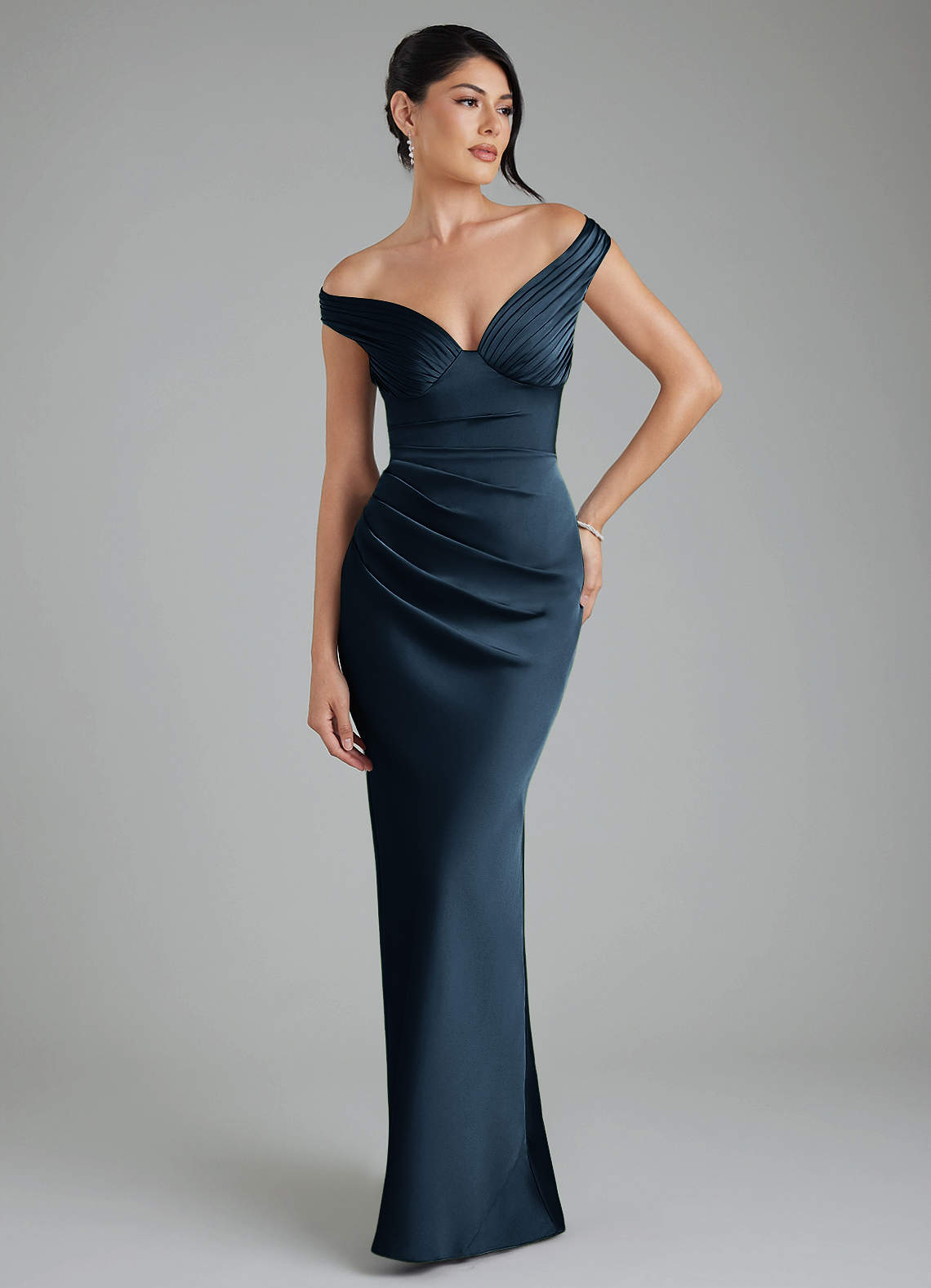 Stella Sheath V-Neck Stretch Satin Bridesmaid Dress in Dark Navy