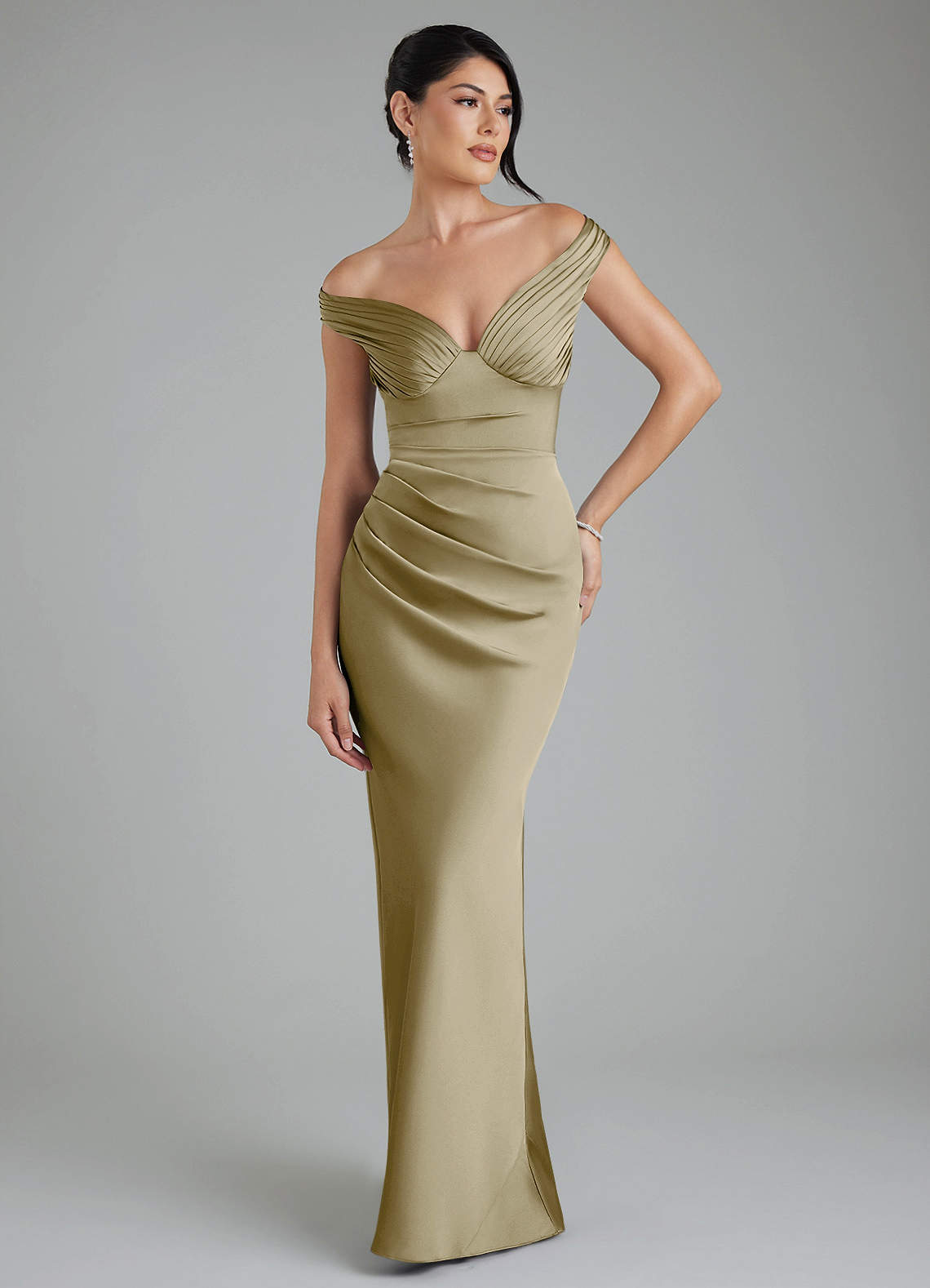 Stella Sheath V-Neck Stretch Satin Bridesmaid Dress in Moss Green