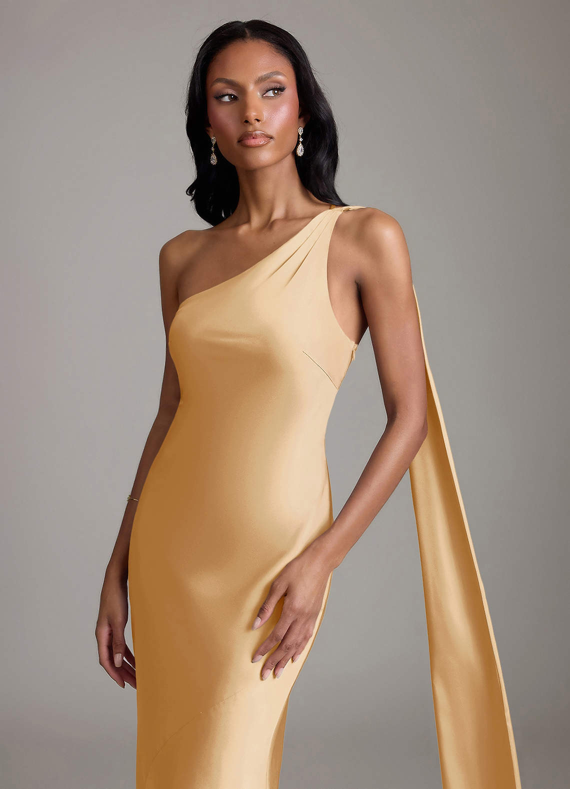 Juniper Mermaid One-Shoulder Stretch Satin Bridesmaid Dress in Gold