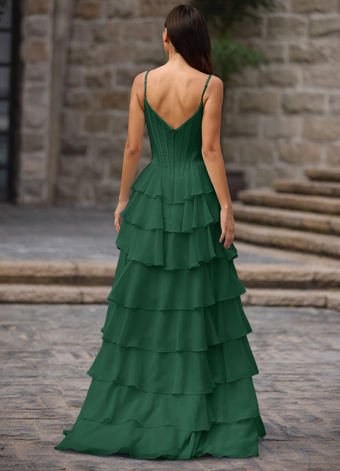 Floralace A-Line Ruffle Chiffon Evening Dress in Emerald Green