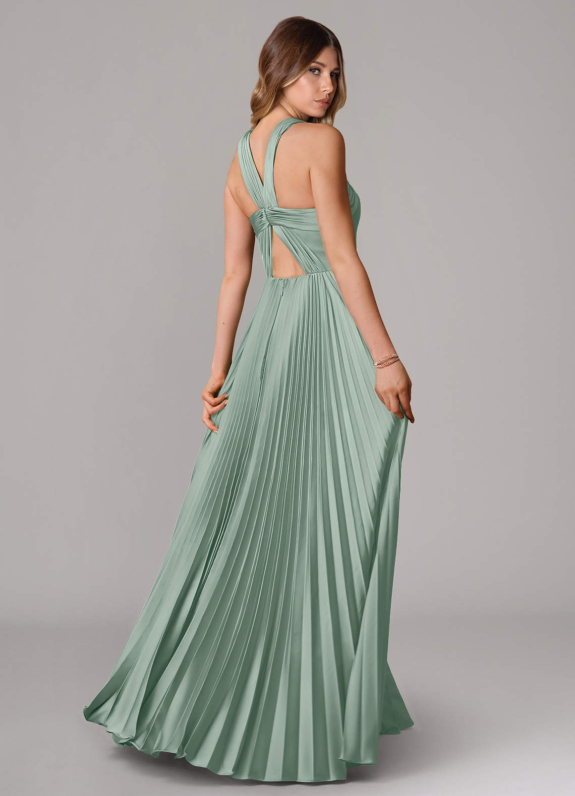 Afra A-Line Halter-Neck Stretch Satin Bridesmaid Dress in Agave