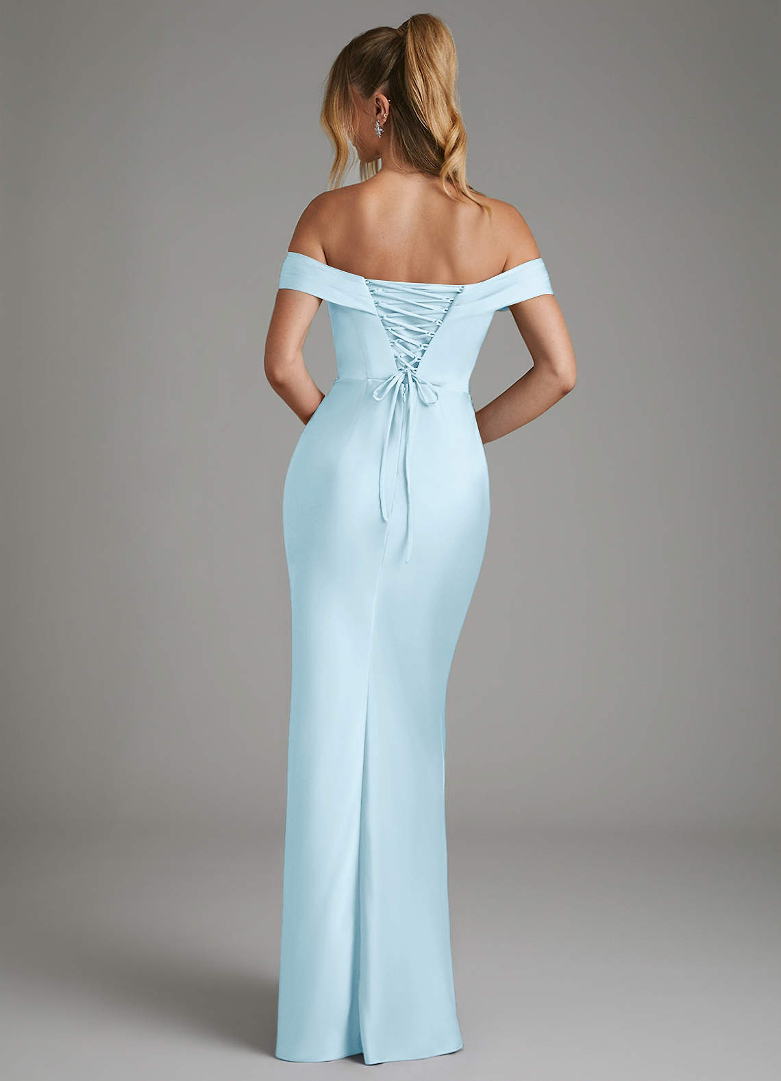 Hayden Mermaid Off-the-Shoulder Stretch Satin Bridesmaid Dress in Sky Blue
