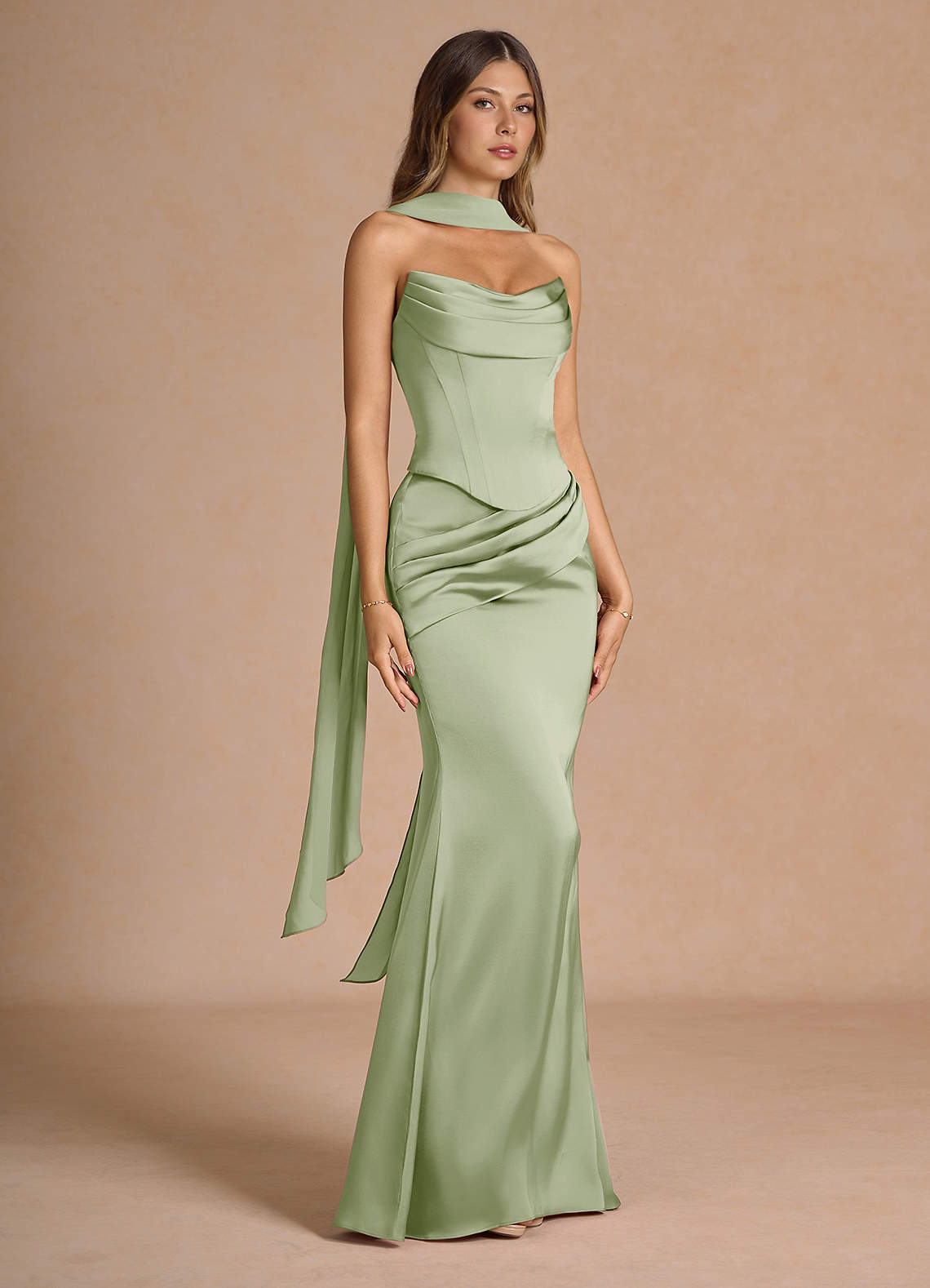 Sorrel Mermaid Corset Stretch Satin Evening Set in Dusty Sage