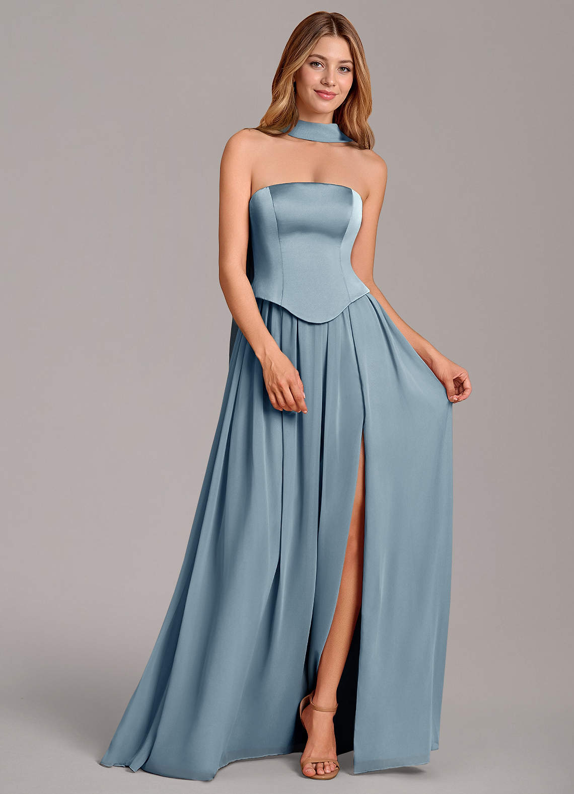 Cadence A-Line Strapless Chiffon and Stretch Satin Bridesmaid Dress in dusty blue