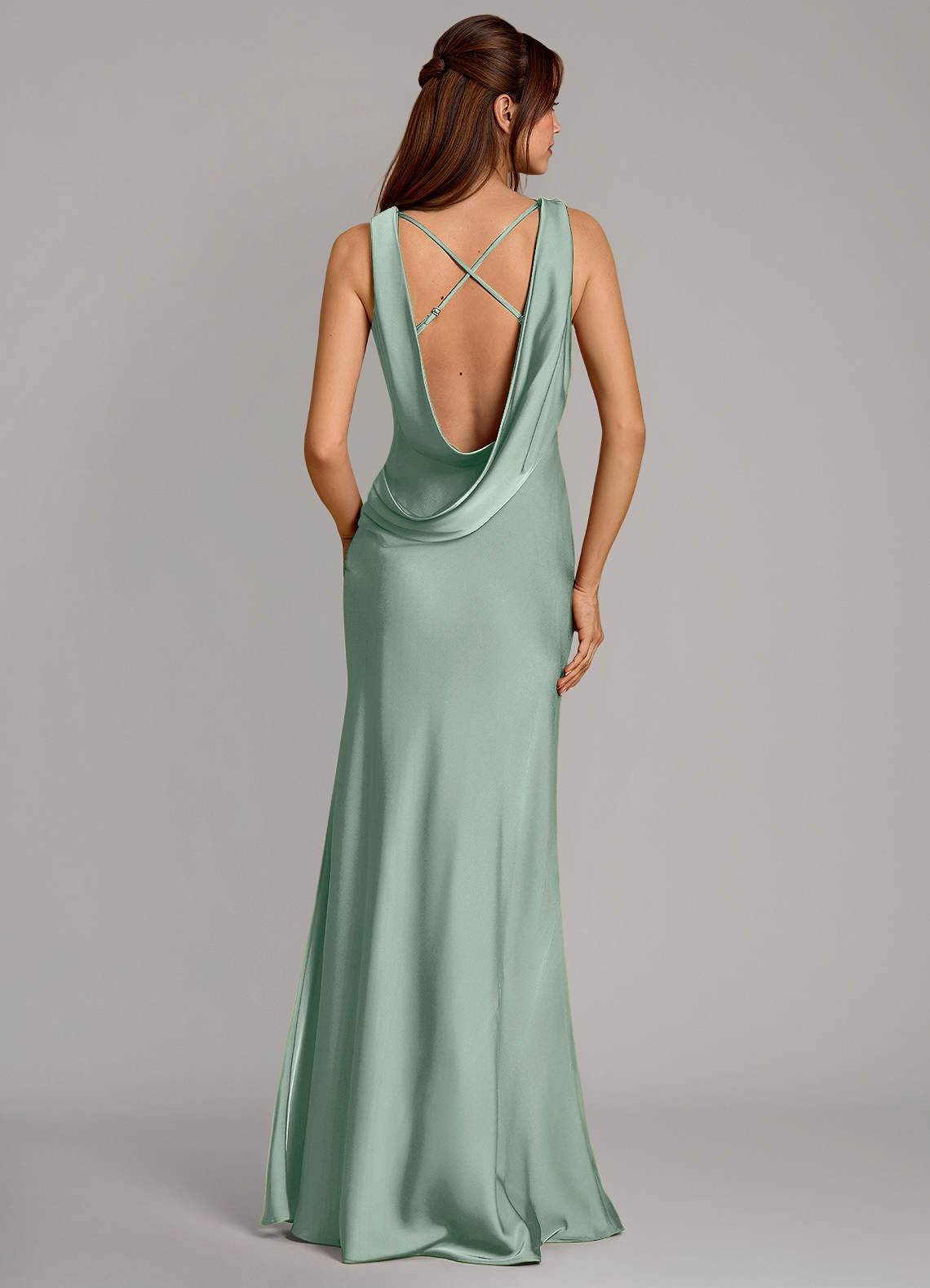 Cheryl Mermaid Cowl-Neck Stretch Satin Bridesmaid Dress in Agave