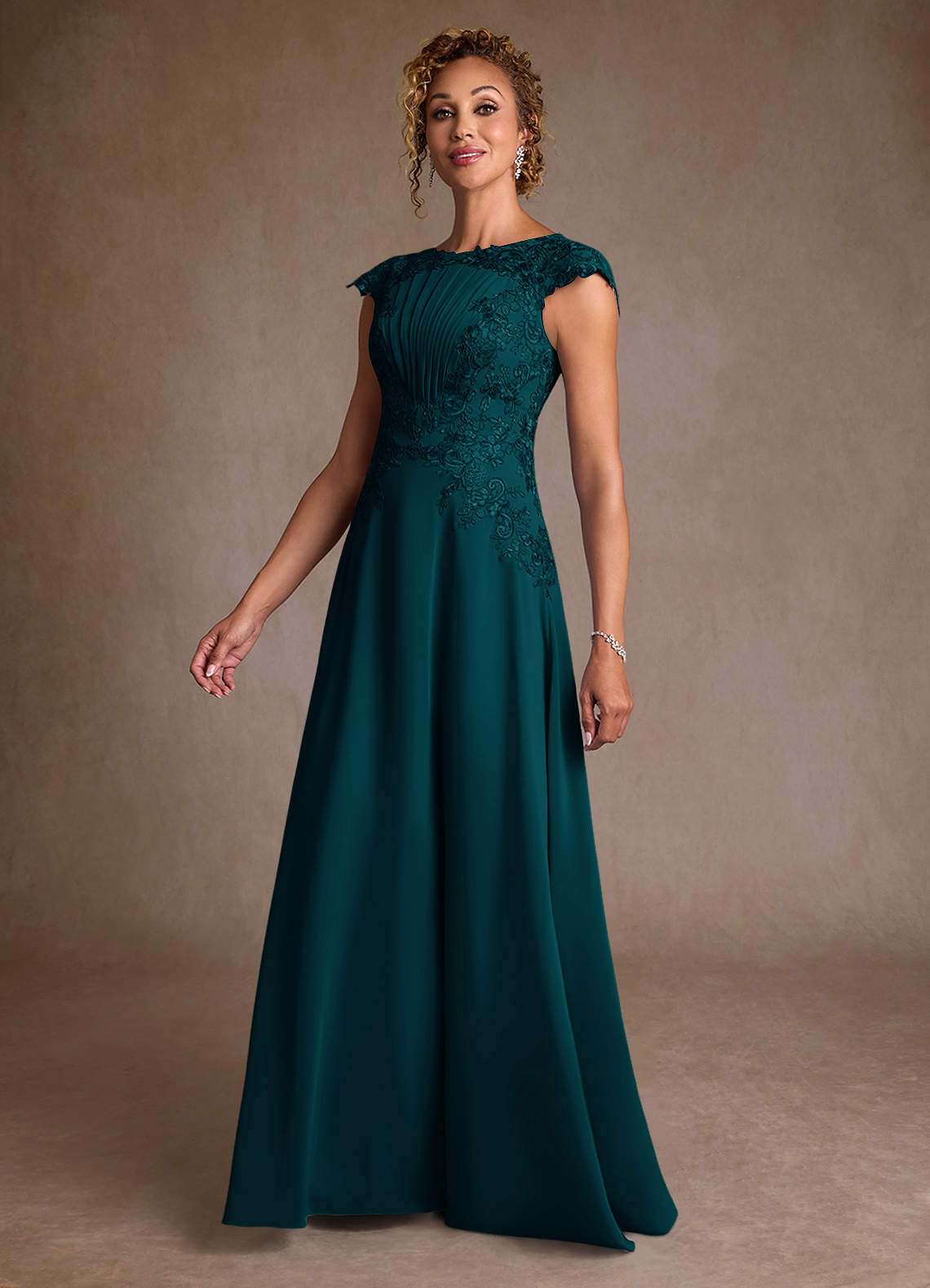 Christi A-Line Scoop-Neck Chiffon and Lace Mother of the Bride Dress in Pine