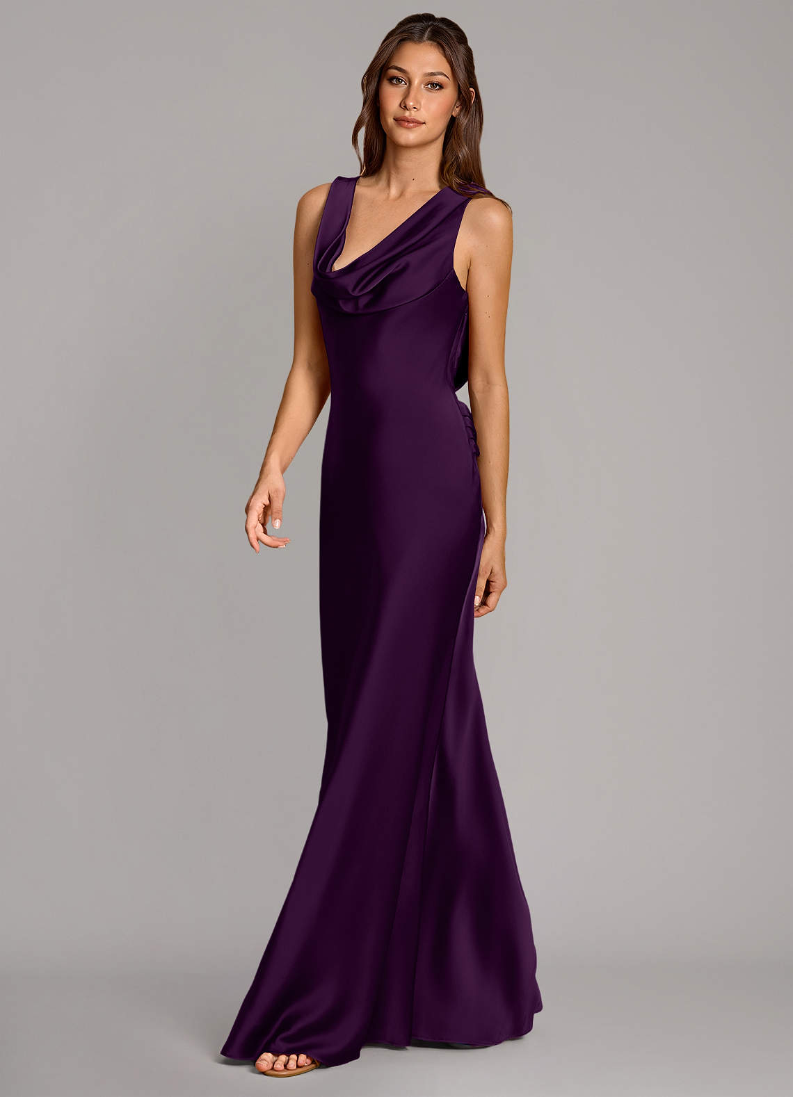 Cheryl Mermaid Cowl-Neck Stretch Satin Bridesmaid Dress in Grape