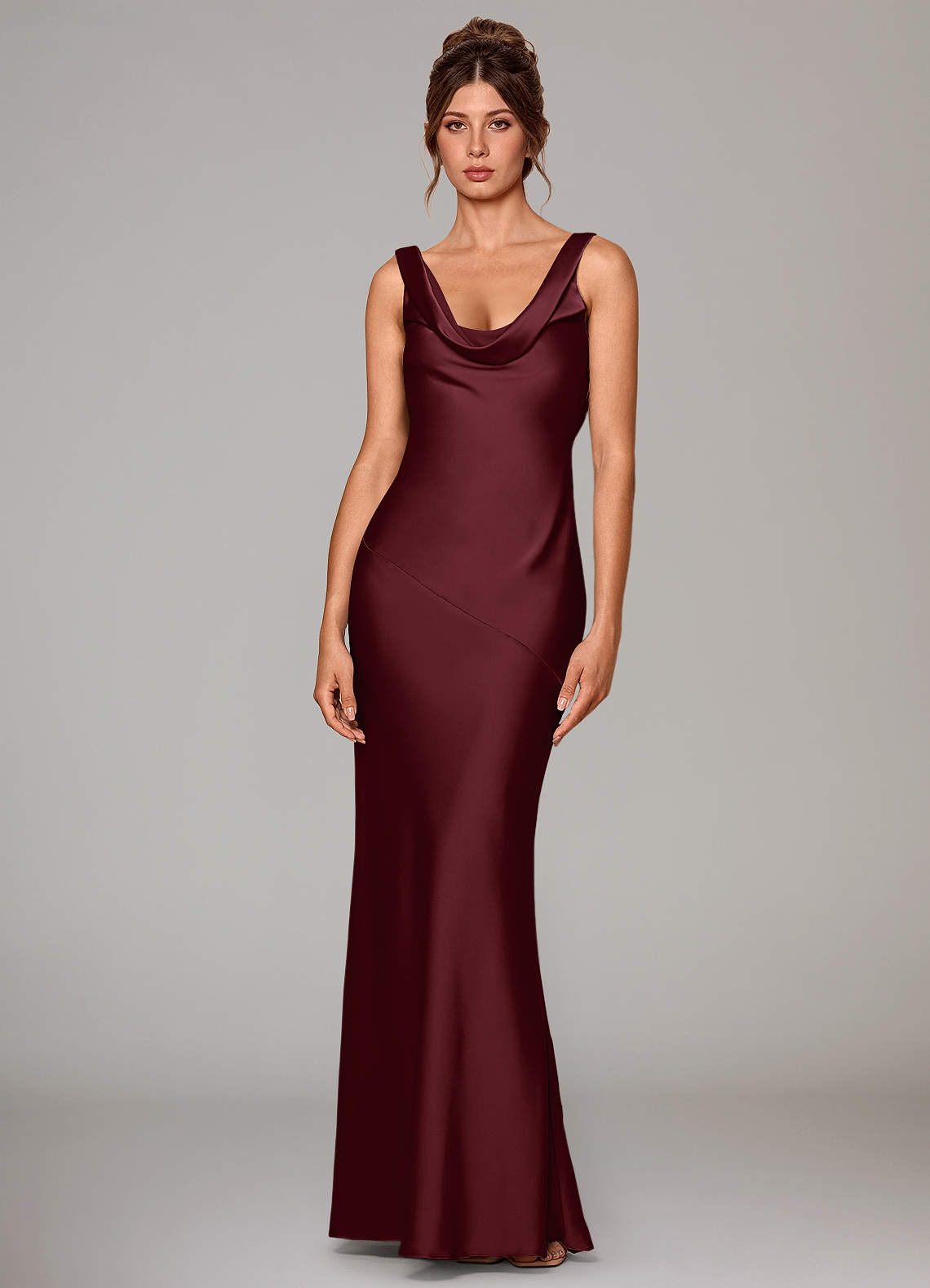 Rylina Mermaid Cowl-Neck Stretch Satin Bridesmaid Dress in Cabernet