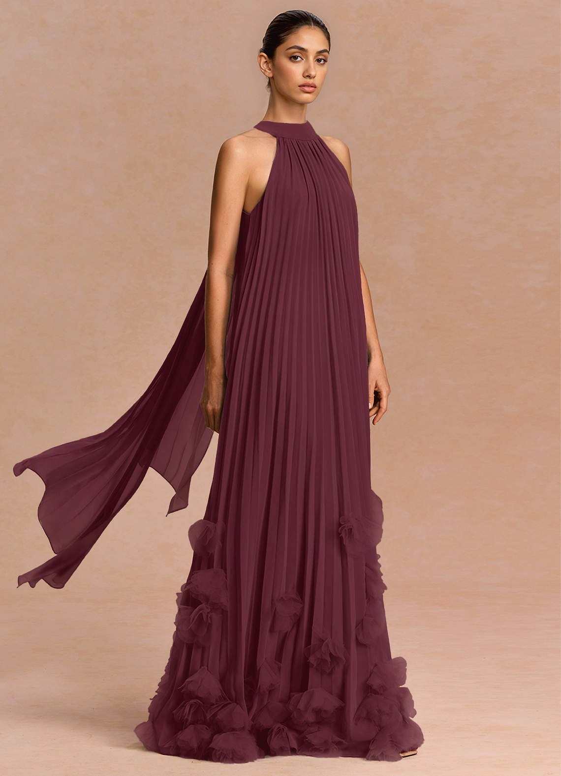 Lucette A-Line Halter Chiffon Evening Dress in Wine