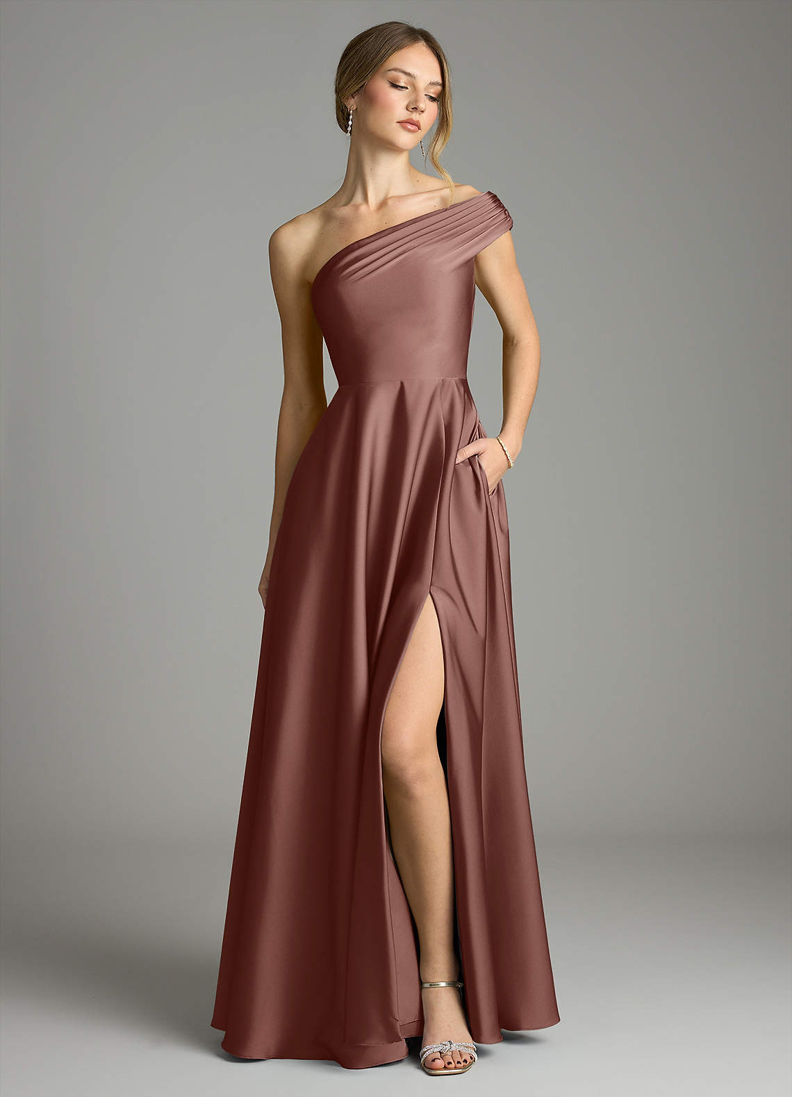 Melanie A-Line One-Shoulder Stretch Satin Bridesmaid Dress in Espresso