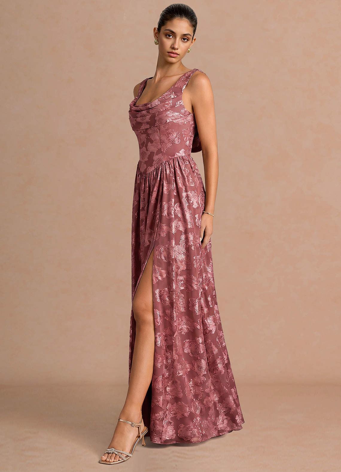 Novi A-Line Draped-Neck Floral Fil Coupé Evening Dress in Vintage Rose