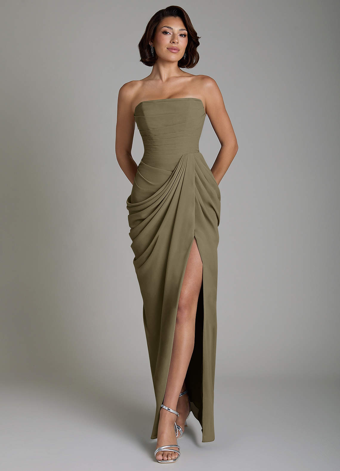 Nyra Sheath Strapless Chiffon Bridesmaid Dress in Willow Green