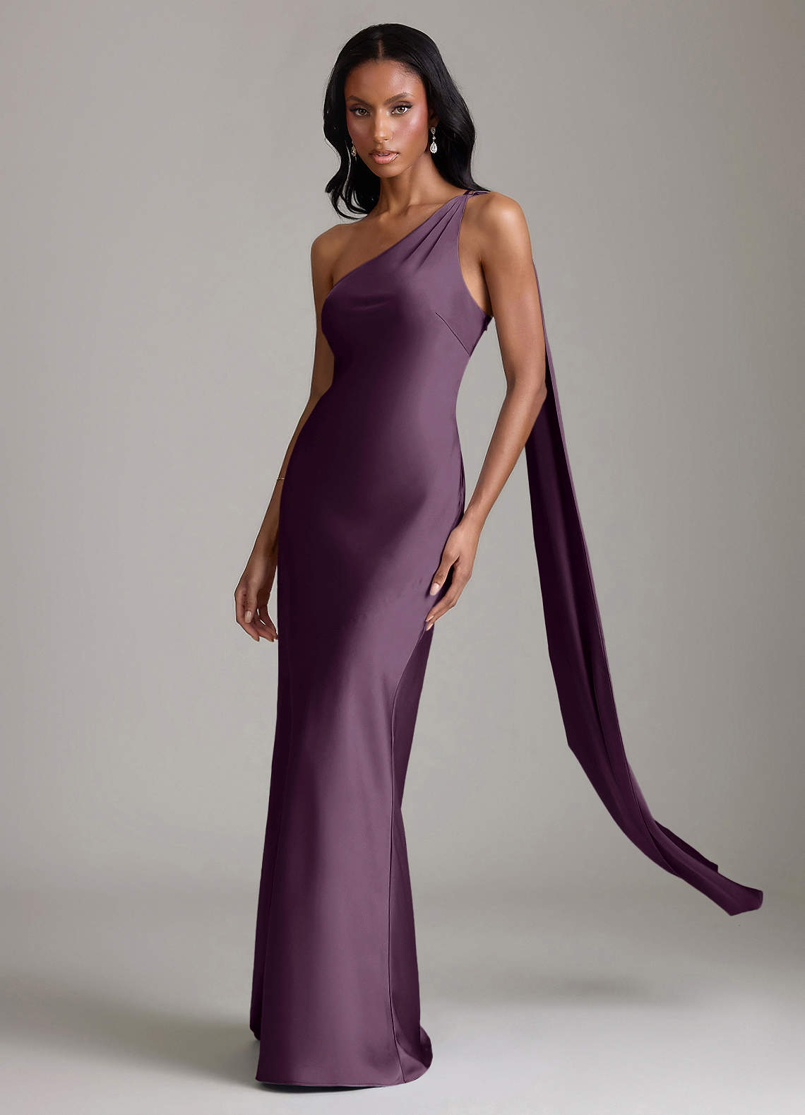 Juniper Mermaid One-Shoulder Stretch Satin Bridesmaid Dress in Plum