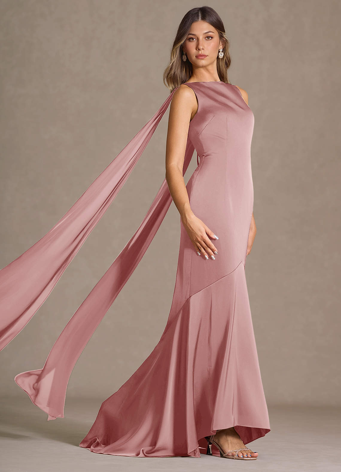 Wynne Mermaid Shoulder-Scarf Stretch Satin Evening Dress in Light Pink