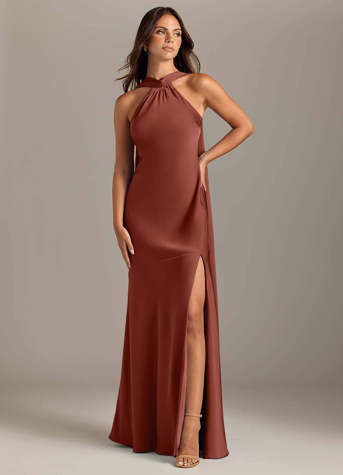 Kinsley Mermaid Halter Stretch Satin Bridesmaid Dress in Auburn