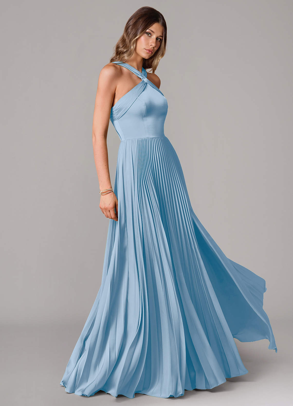 Afra A-Line Halter-Neck Stretch Satin Bridesmaid Dress in Powder Blue
