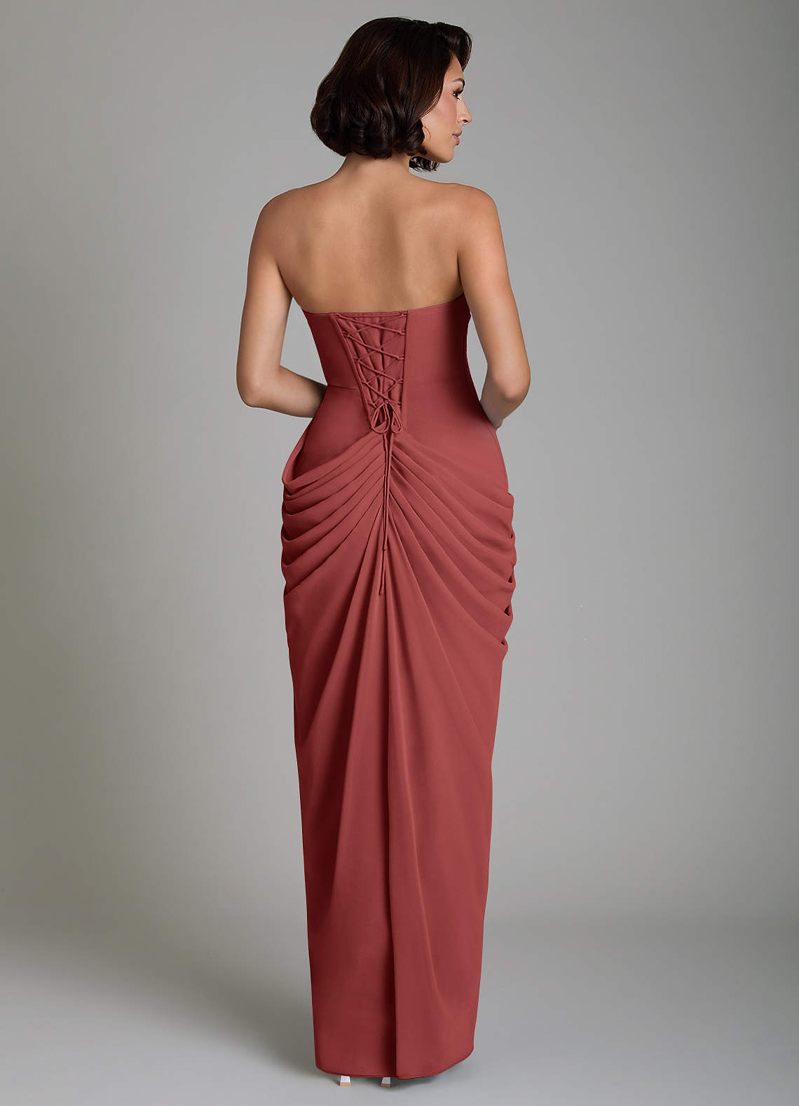 Nyra Sheath Strapless Chiffon Bridesmaid Dress in Terracotta