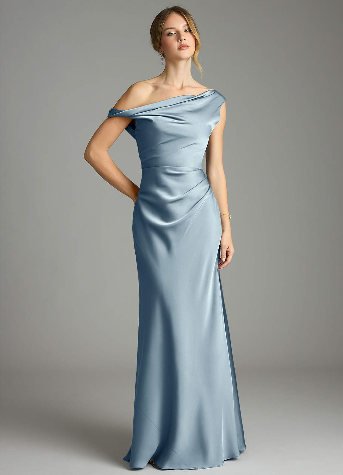 Emerson Mermaid One-Shoulder Stretch Satin Bridesmaid Dress in dusty blue