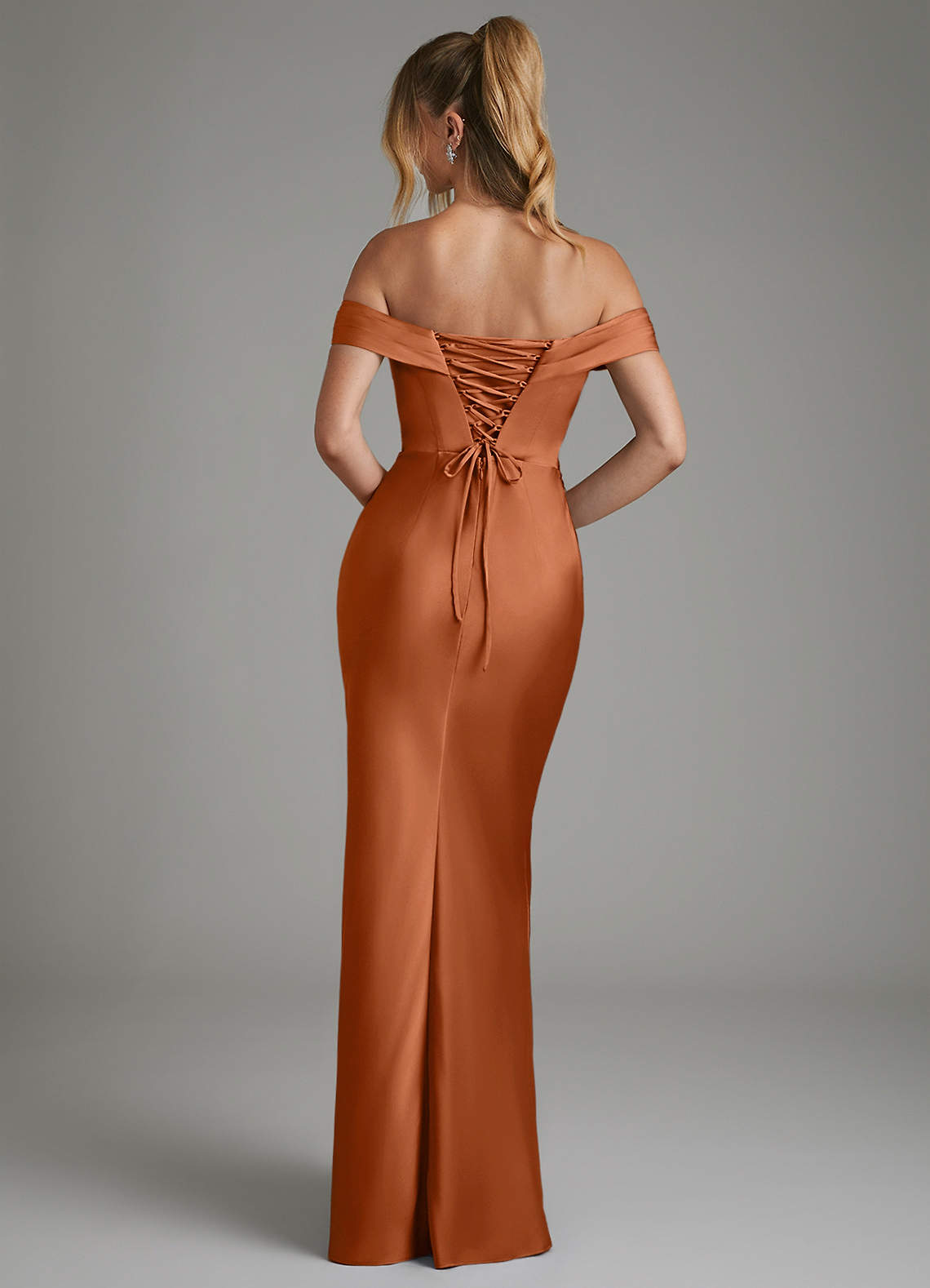 Hayden Mermaid Off-the-Shoulder Stretch Satin Bridesmaid Dress in Copper