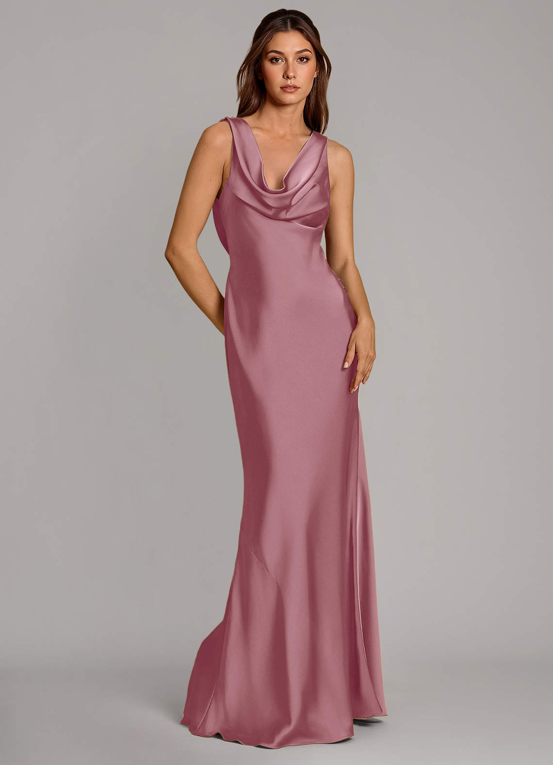 Cheryl Mermaid Cowl-Neck Stretch Satin Bridesmaid Dress in Vintage Mauve