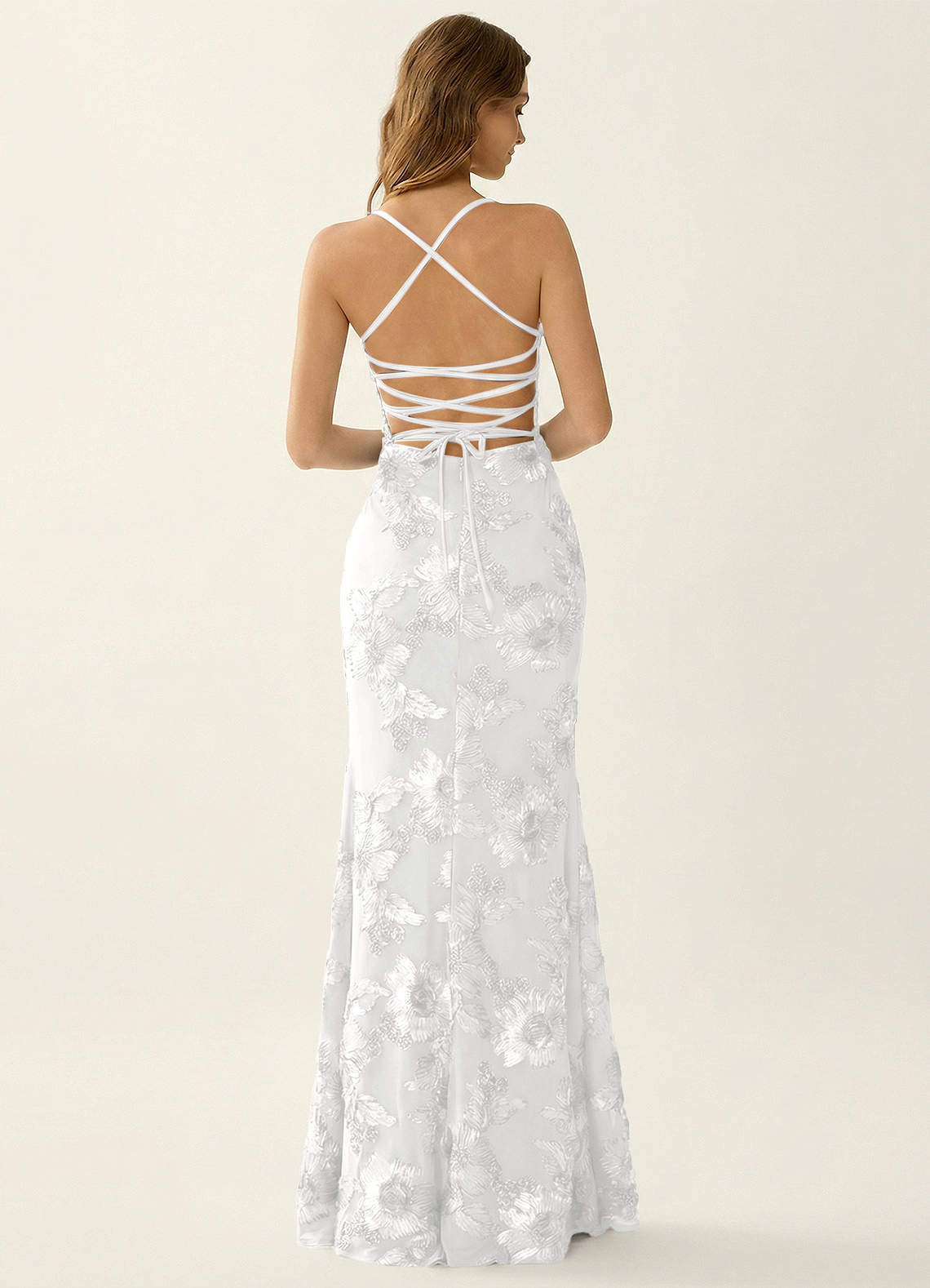 Kailani Mermaid Spaghetti-Strap Lace Evening Dress in white