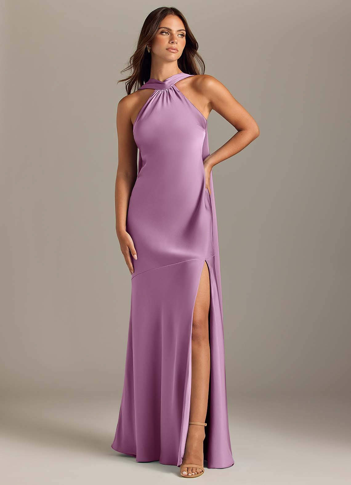 Kinsley Mermaid Halter Stretch Satin Bridesmaid Dress in Wisteria