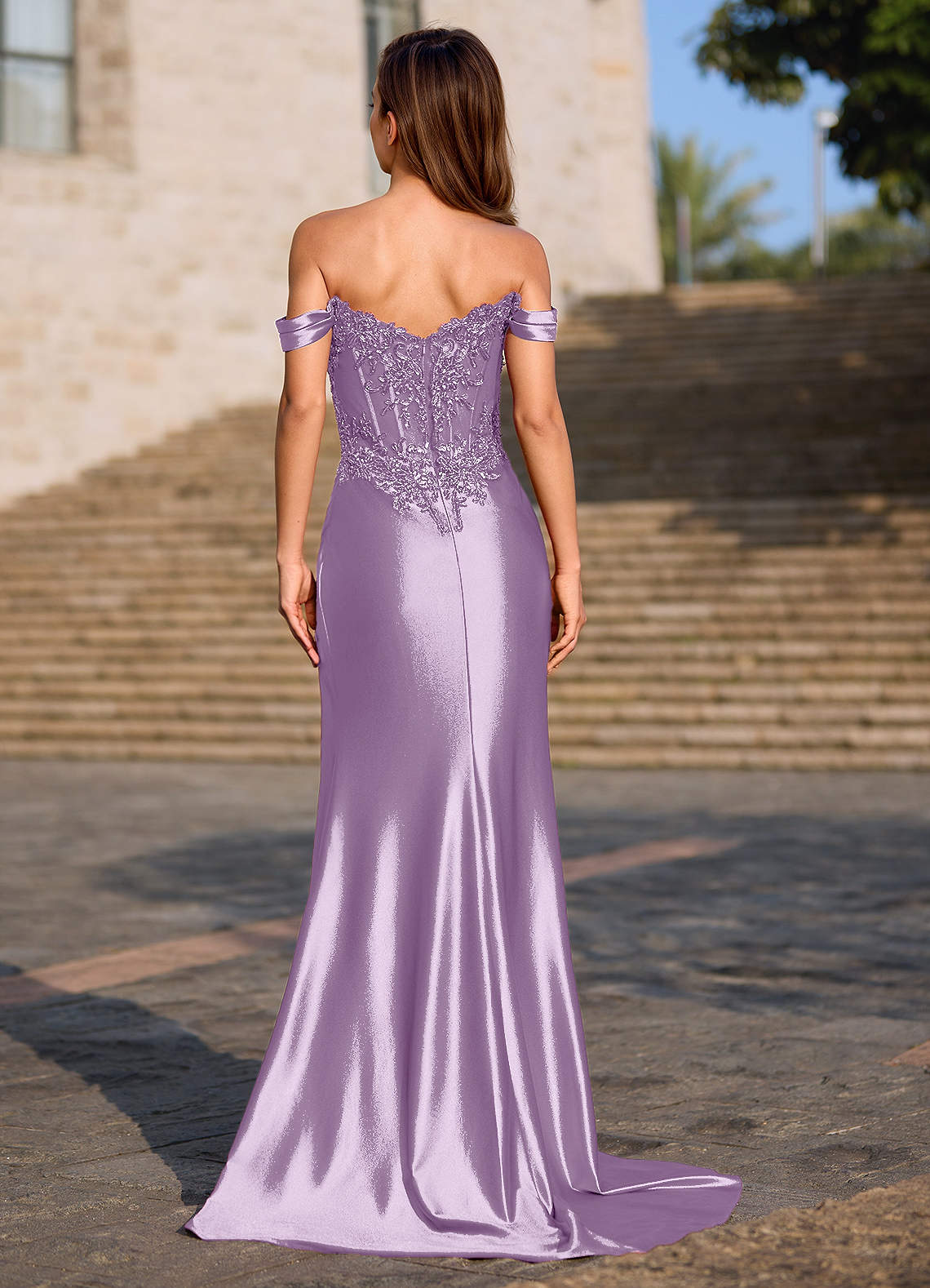 Opulence Mermaid Off-the-Shoulder Satin Evening Dress in Lilac