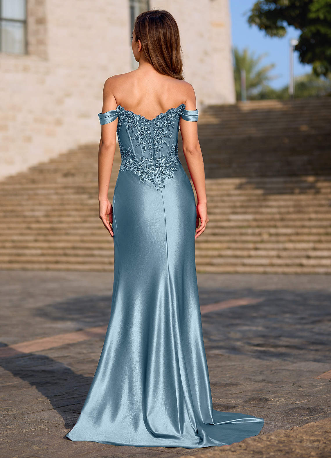 Opulence Mermaid Off-the-Shoulder Satin Evening Dress in dusty blue