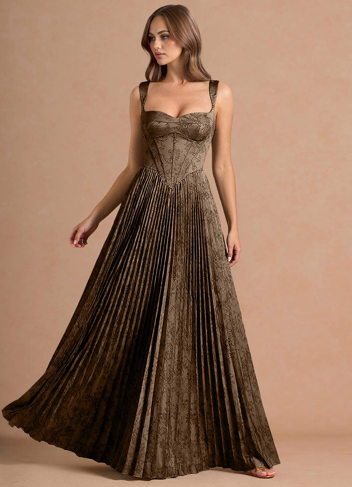 Isonelle A-Line Sweetheart Jacquard Wedding Guest Dress in Coffee Brown