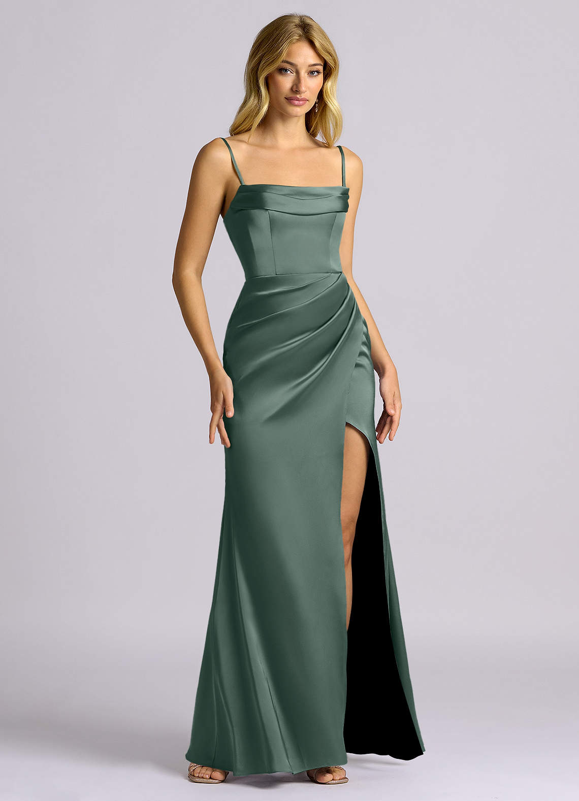 Auden Sheath Off-the-Shoulder Stretch Satin Bridesmaid Dress in Sea Moss