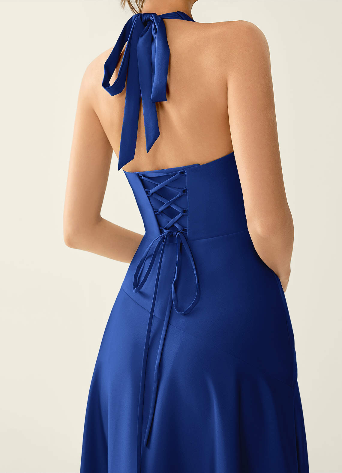 Titania Halter Asymmetric-Ruffle Satin Evening Dress in Royal Blue