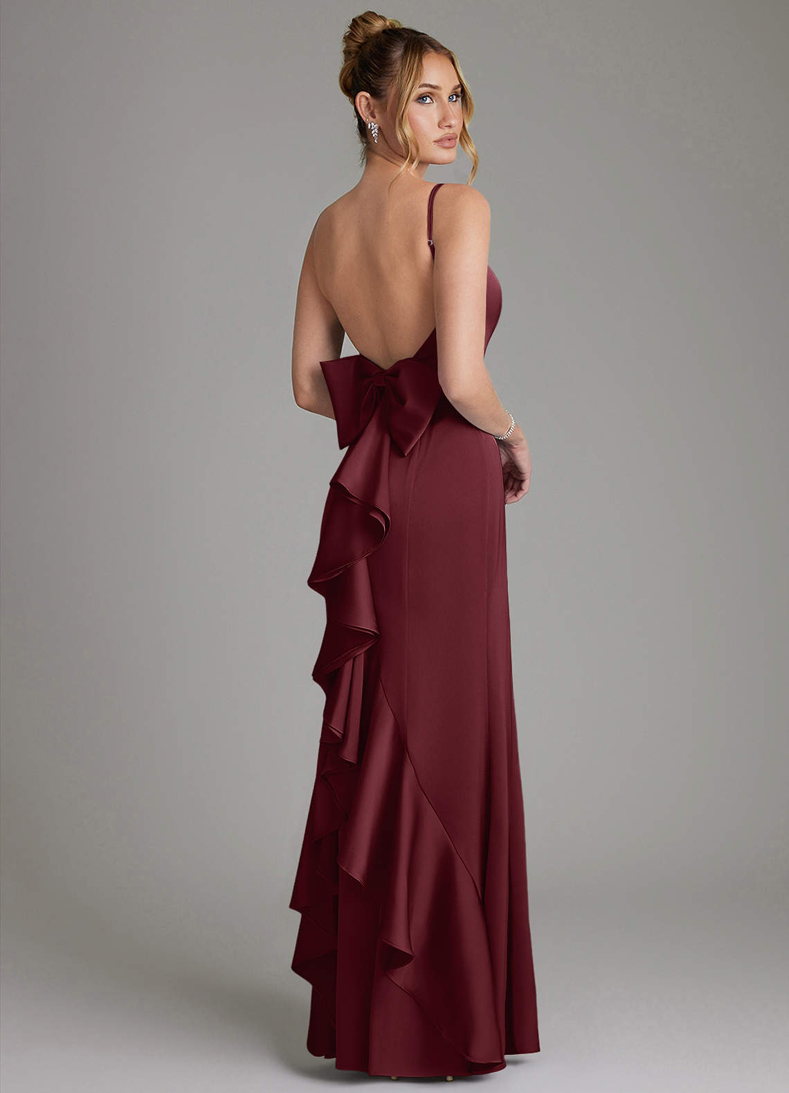 Zherra Mermaid Scoop-Neck Stretch Satin Bridesmaid Dress in Cabernet