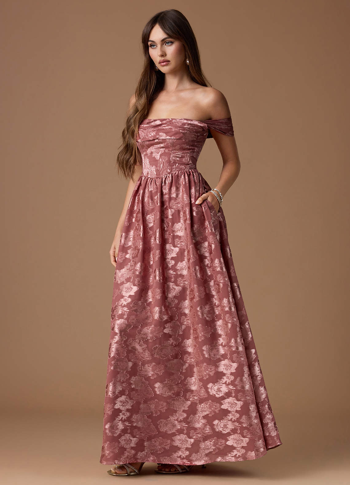 Hazel A-Line Cowl-Neck Fil Coupé Wedding Guest Dress in Vintage Rose