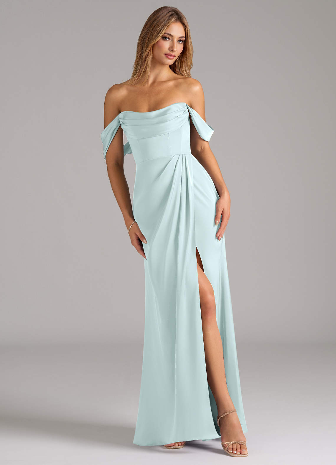 Johana Mermaid Off-the-Shoulder Stretch Satin Bridesmaid Dress in Sea Glass