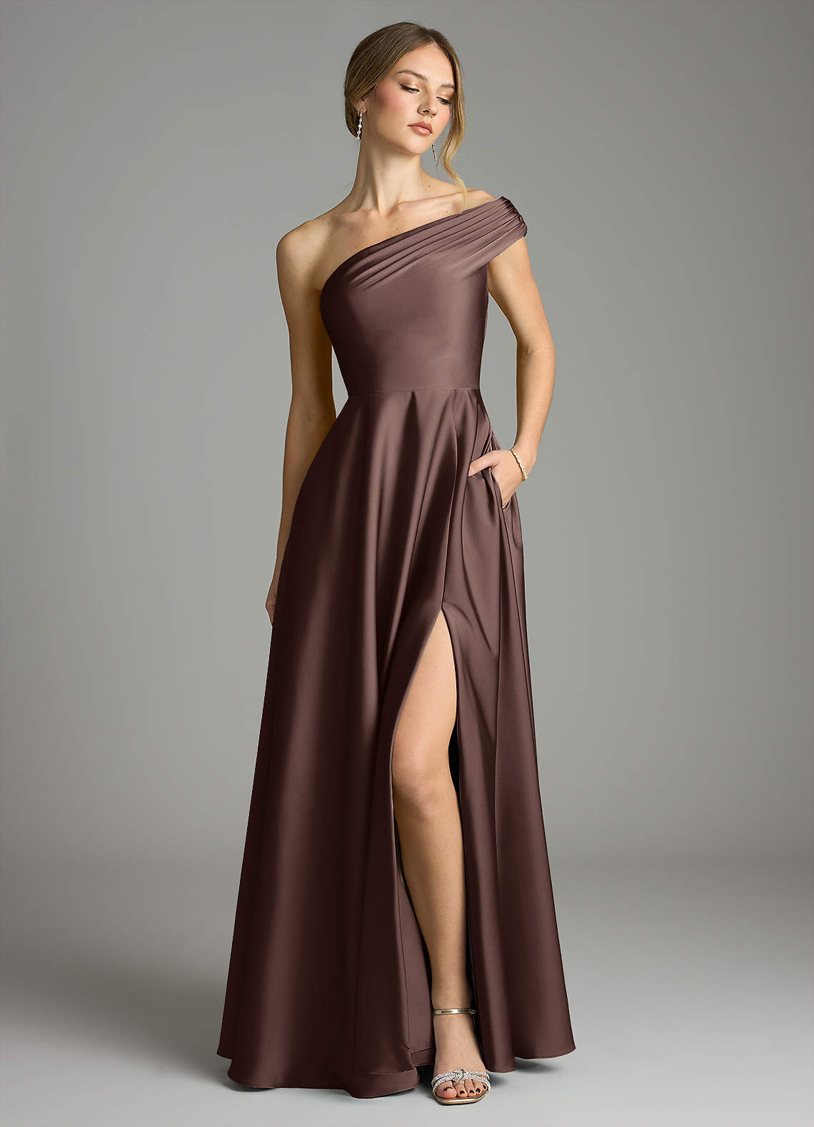 Melanie A-Line One-Shoulder Stretch Satin Bridesmaid Dress in Ganache
