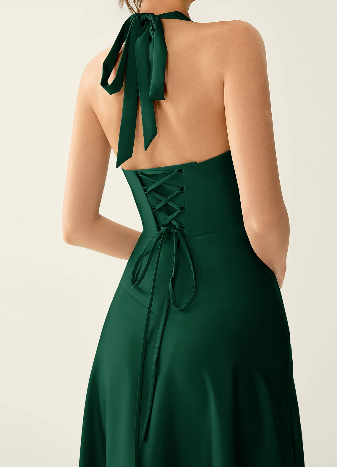 Titania Halter Asymmetric-Ruffle Satin Evening Dress in Emerald Green