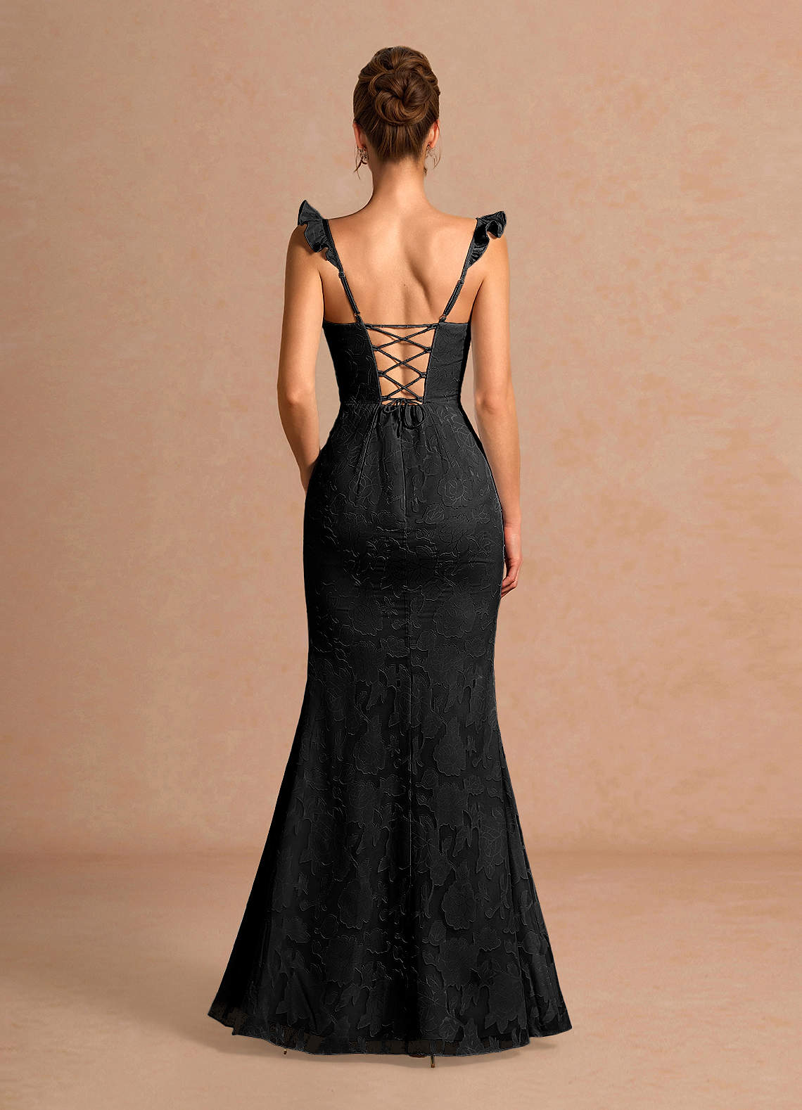 Romilly Mermaid Ruffled Chiffon Burnout Evening Dress in black
